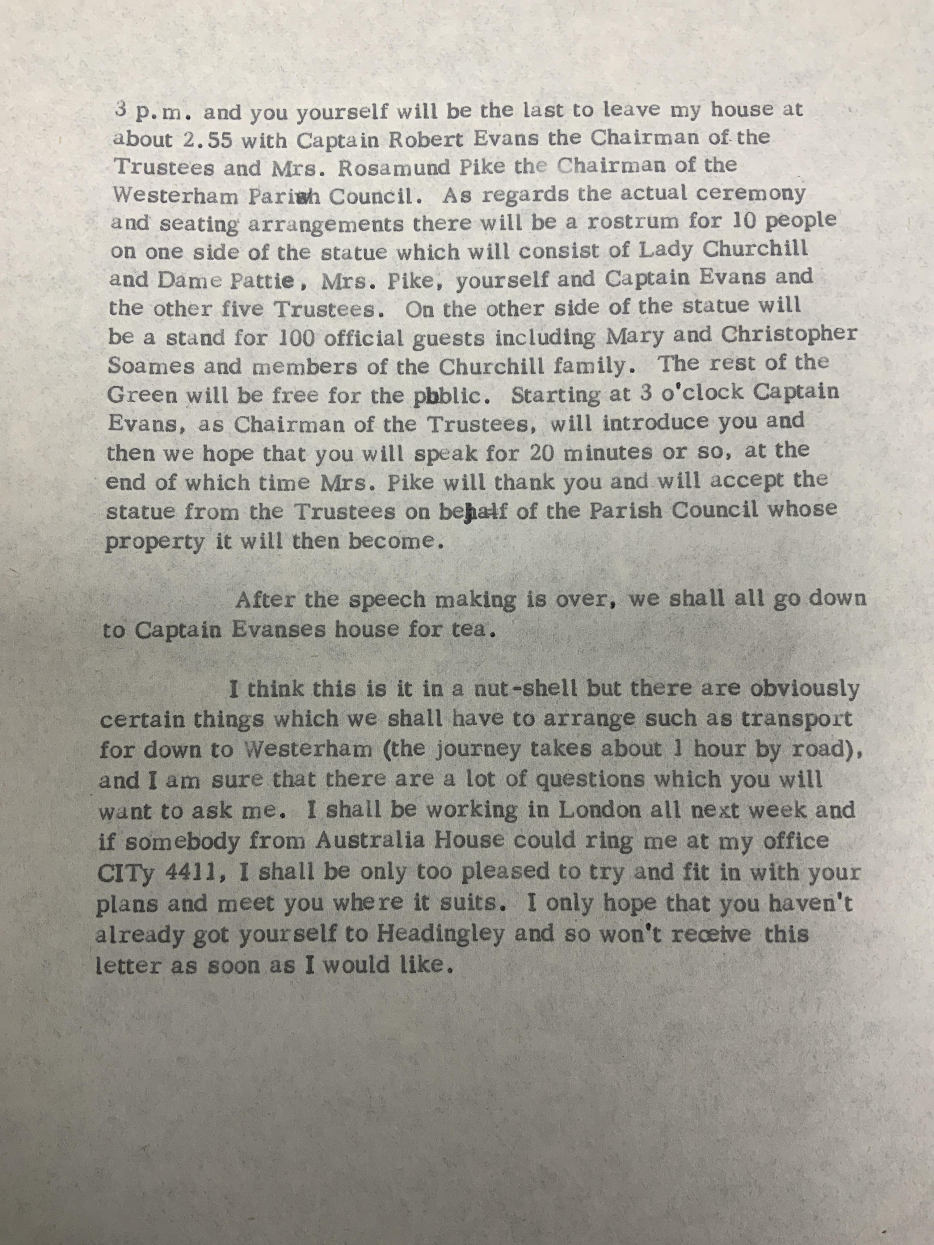 A collection of letters and other memorabilia regarding the unveiling of the Oscar Nemon (1906-1985) bronze statue of the seated figure of Sir Winston Churchill on The Green